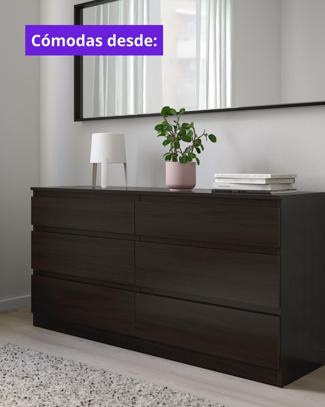 Cómoda negra KULLEN de seis cajones con llamado de cómodas desde