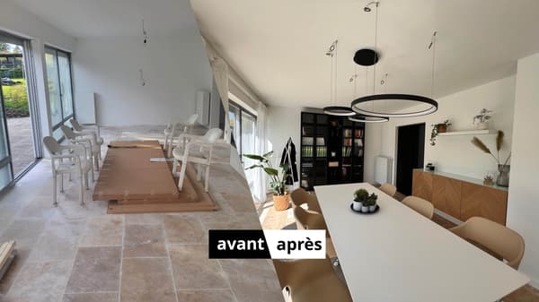 Comparaison avant/après d’une salle à manger : espace vide avec chaises empilées à gauche, intérieur moderne meublé à droite.