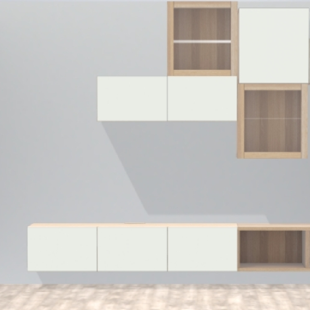 Composició de paret modular amb mòduls de paret i baixos en blanc trencat i detalls en fusta clara, ideal per a emmagatzematge a la sala d’estar.