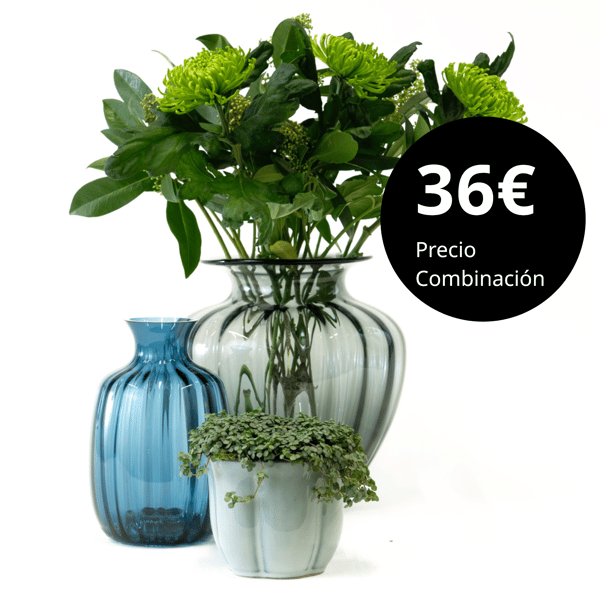Composition of vases and flowerpots with a floral arrangement