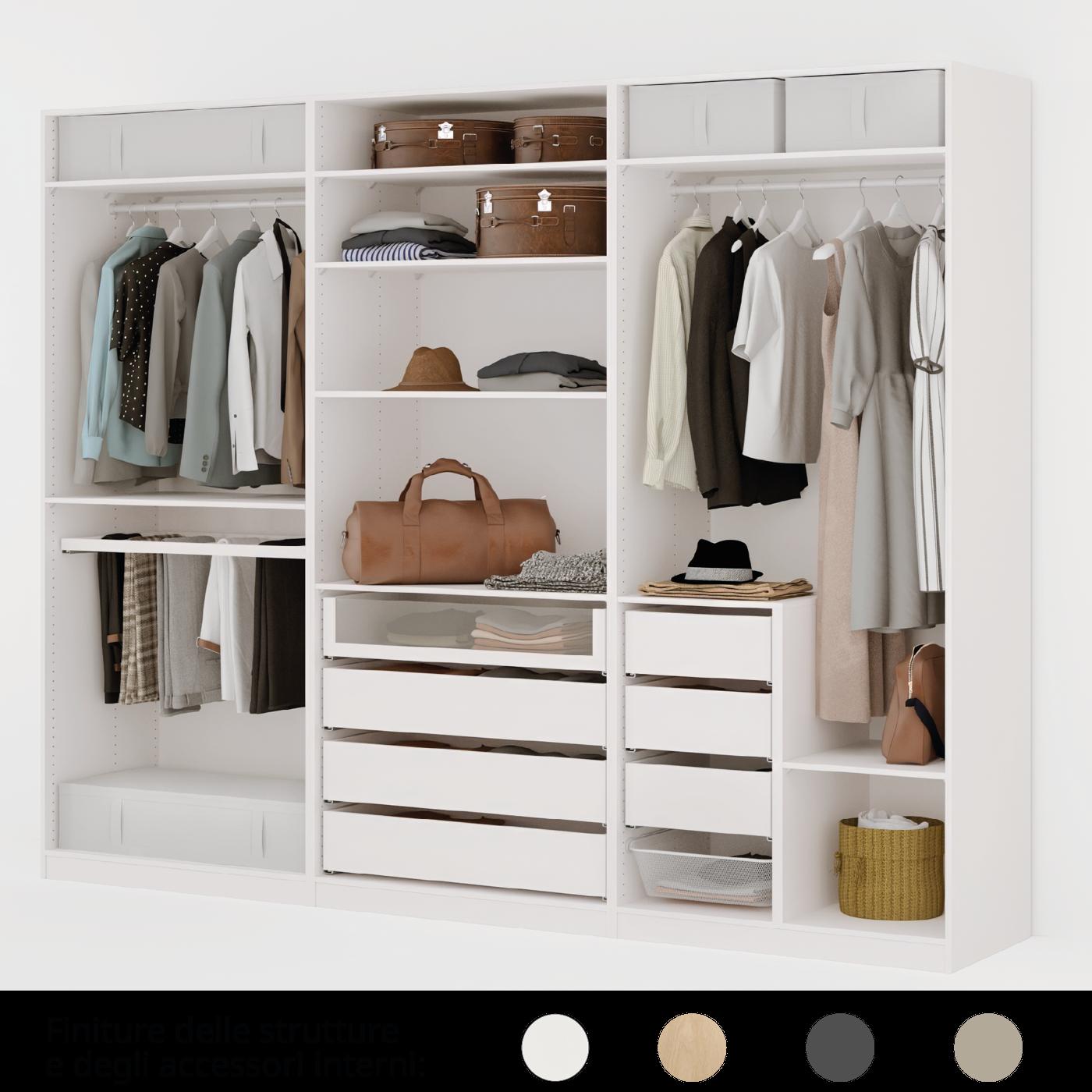 Composizione armadi PAX bianchi senza ante, visibili accessori KOMPLEMENT interni.