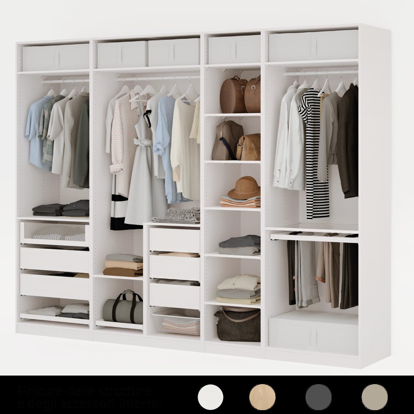 Composizione armadi PAX bianchi senza ante, visibili accessori KOMPLEMENT interni.
