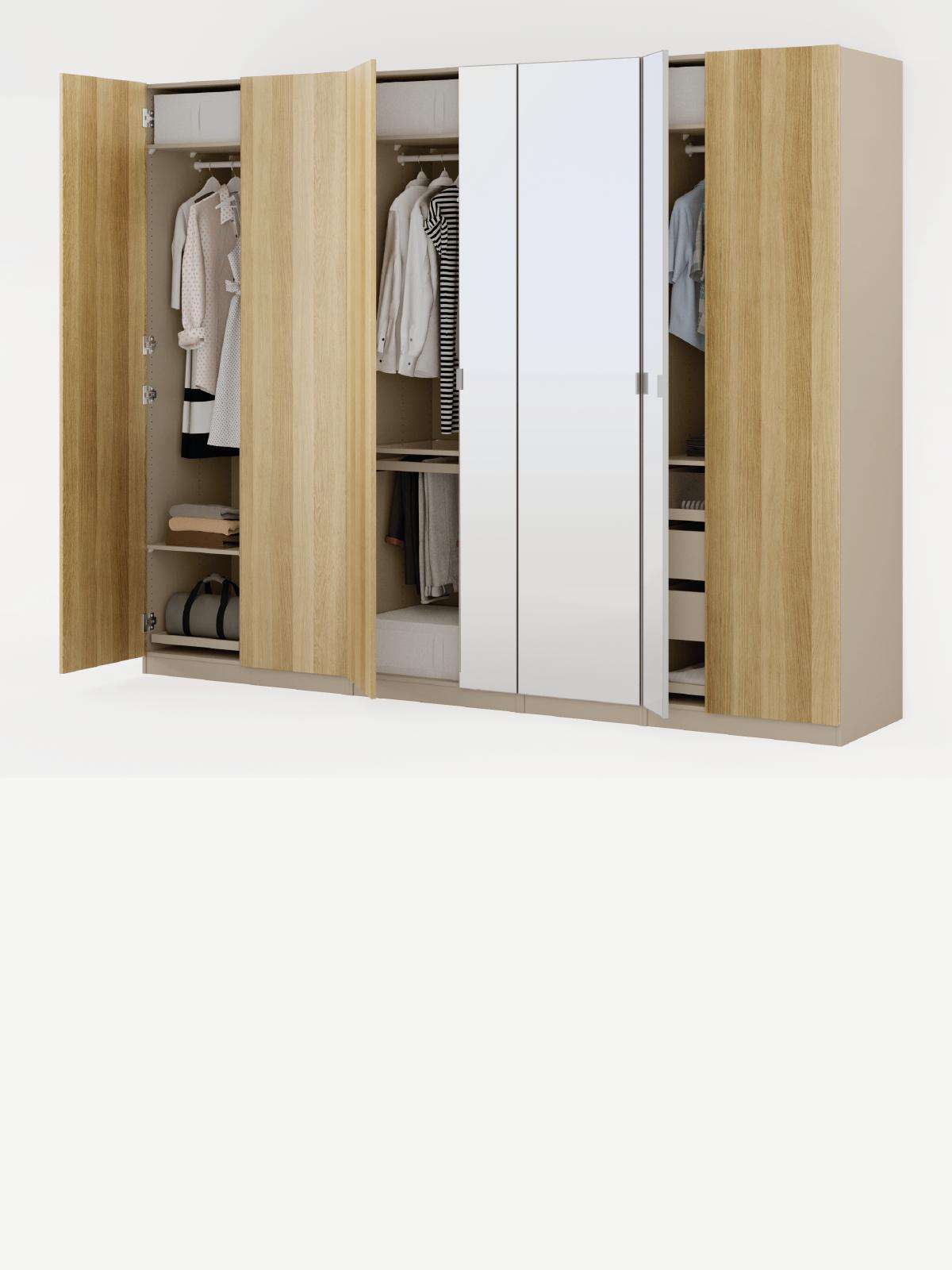 Composizione armadi PAX con ante a battente beige e una bianca.