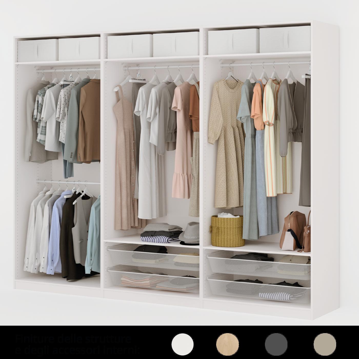 Composizione armadi PAX senza ante, visibili KOMPLEMENT interni.