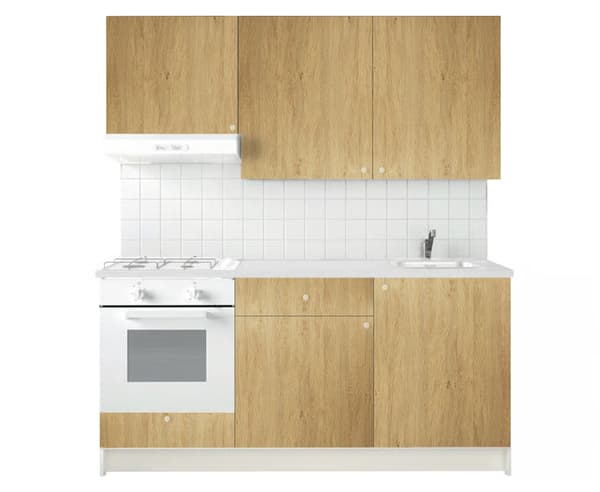 Composizione cucina KNOXHULT effetto rovere con elettrodomestici bianchi