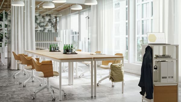 conference table with eight seats and a podium