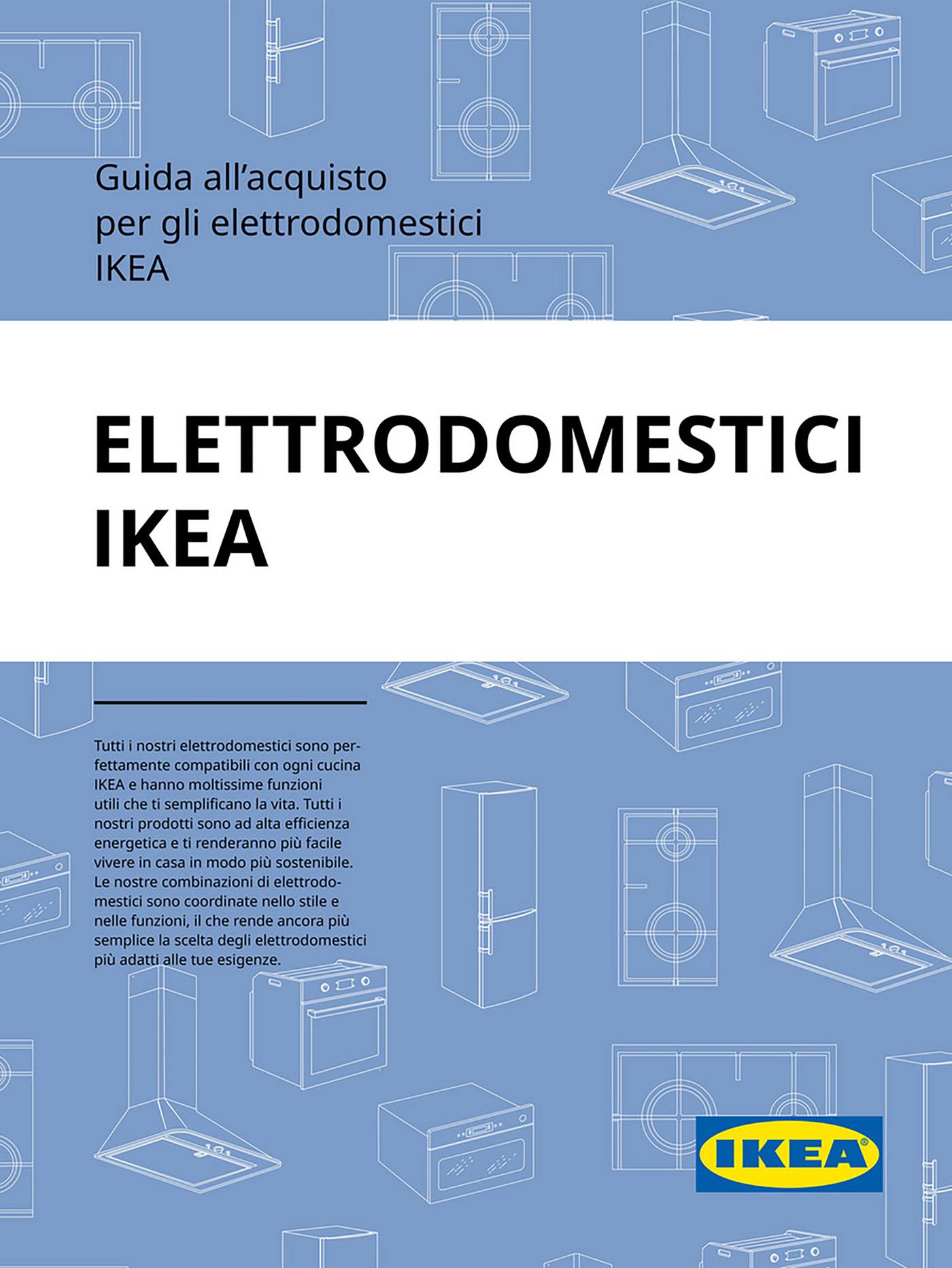 Copertina con sfondo blu, disegni bianchi di elettrodomestici, sezione centrale bianca e logo IKEA in basso a destra.