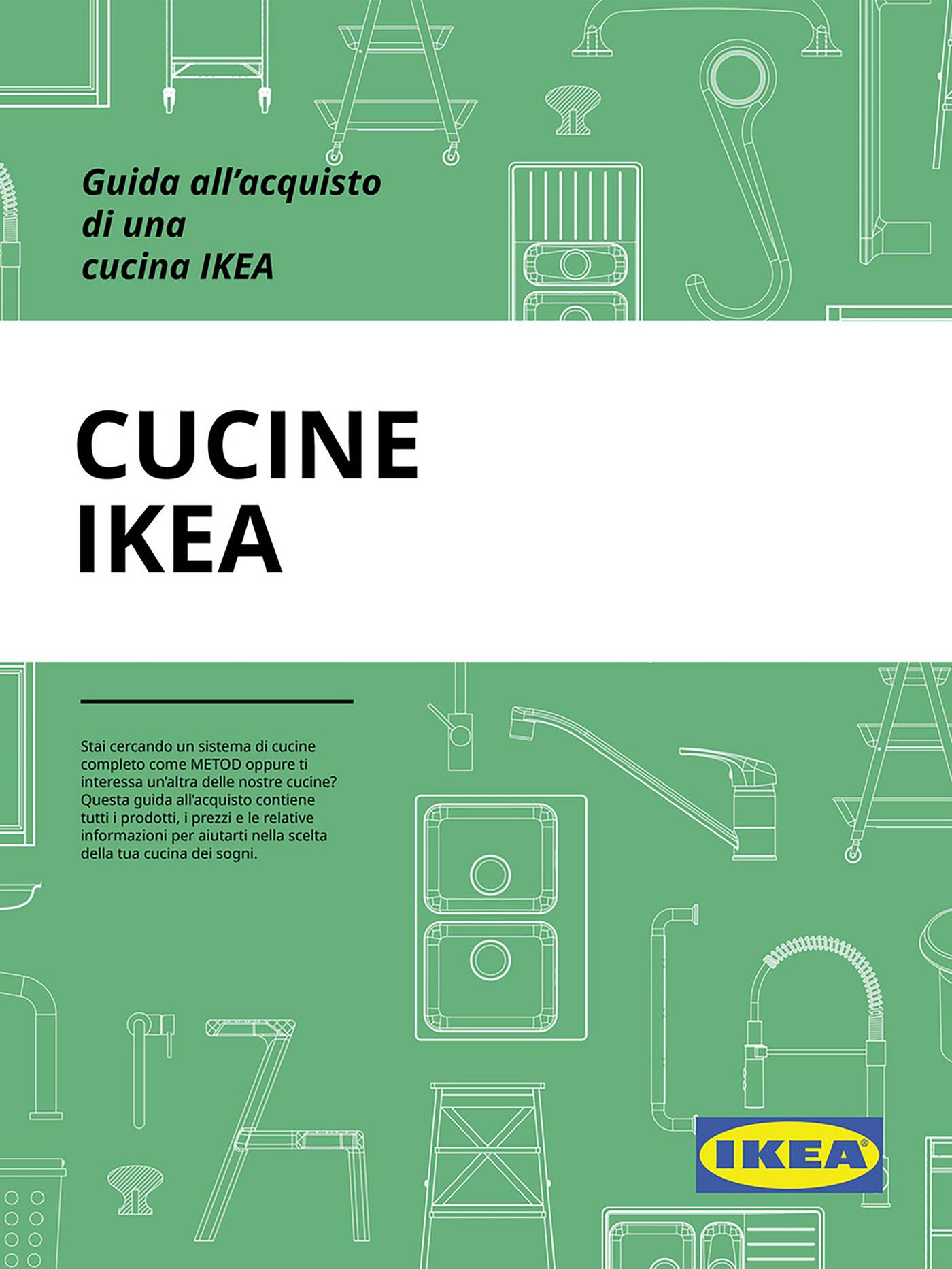 Copertina con sfondo verde, disegni bianchi di cucina, sezione centrale bianca e logo IKEA in basso a destra.