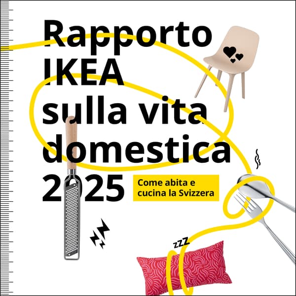 Copertina dell'IKEA Wohnmonitor 2025 con un design colorato che raffigura oggetti domestici e il testo «Così vive e cucina la Svizzera».