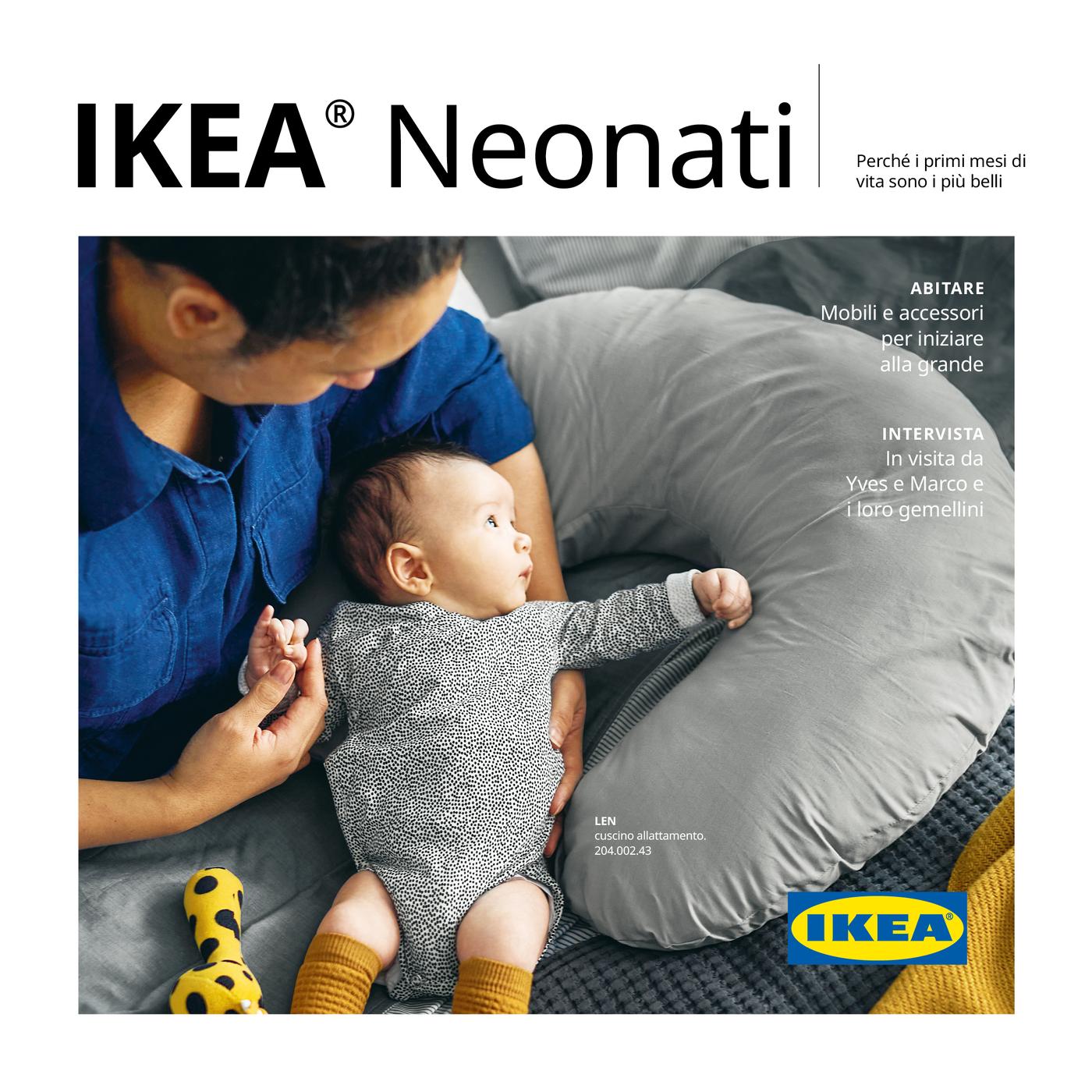 Copertina IKEA Baby con un neonato su un grande cuscino da allattamento grigio su un divano, con logo IKEA e testi editoriali.