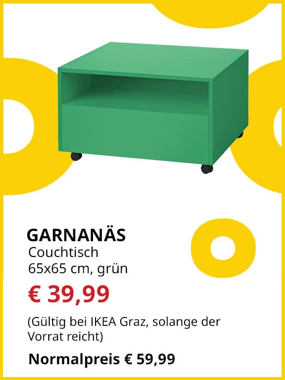 Couchtisch Garnanäs, 65x65cm, grün, statt € 59,99 um € 39,99.