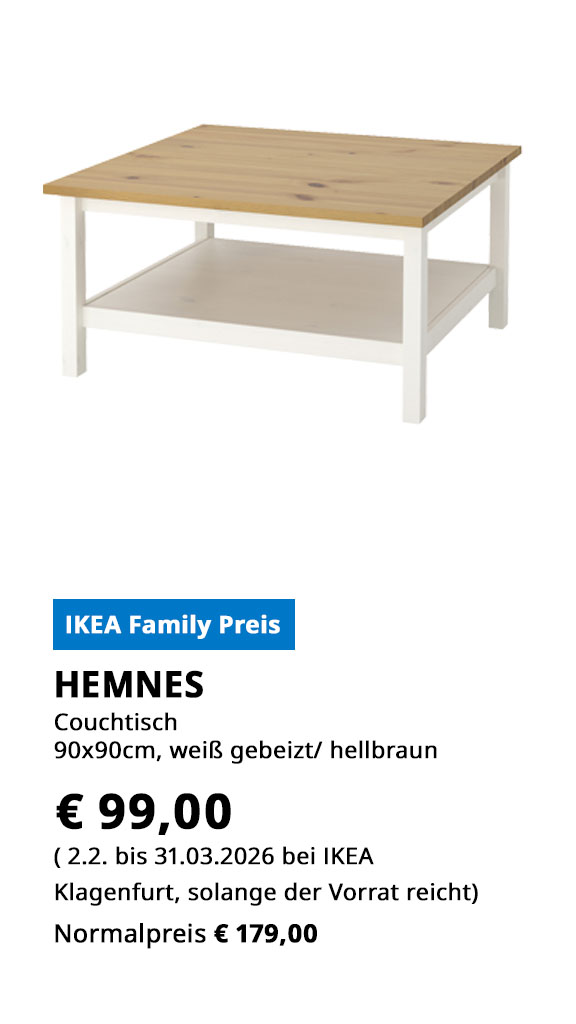 Couchtische Hemnes, 90x90cm, weiß gebeizt, hellbraun, statt € 179 zum IKEA Family Preis von € 99.