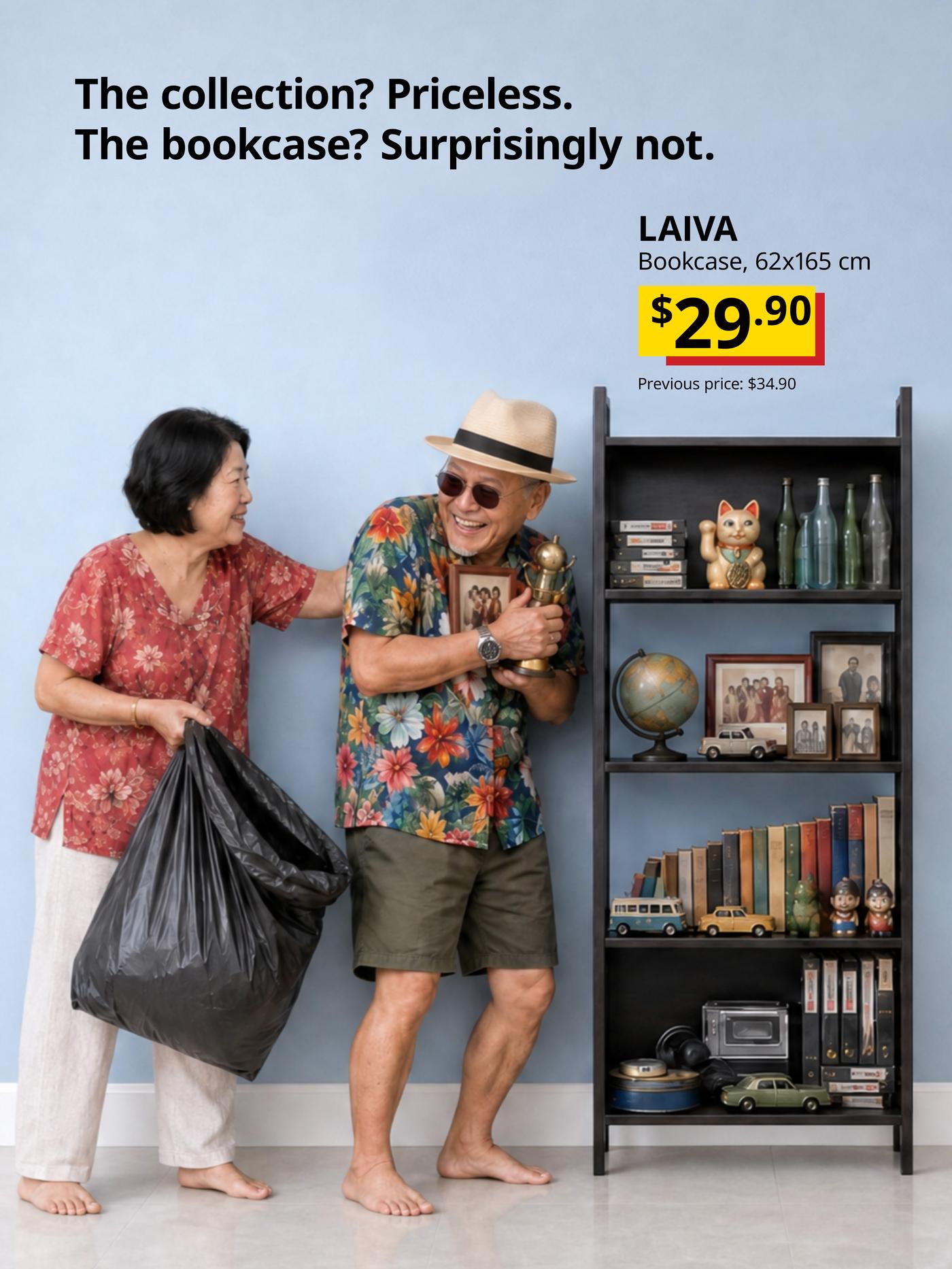 Couple styling a LAIVA bookcase in a colourful Singapore home. Price: $29.90