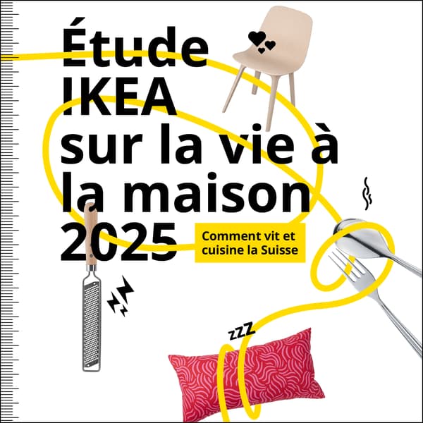 Couverture du rapport IKEA Wohnmonitor 2025 avec un design coloré représentant des objets ménagers et le texte « So wohnt und kocht die Schweiz » (Comment la Suisse vit et cuisine).