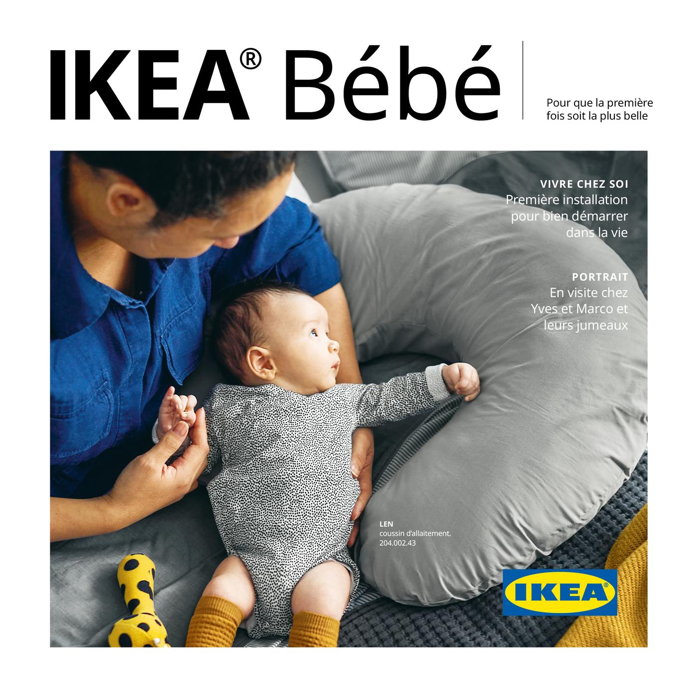 Couverture IKEA Baby montrant un nourrisson sur un grand coussin d’allaitement gris sur un canapé, avec logo IKEA et textes.