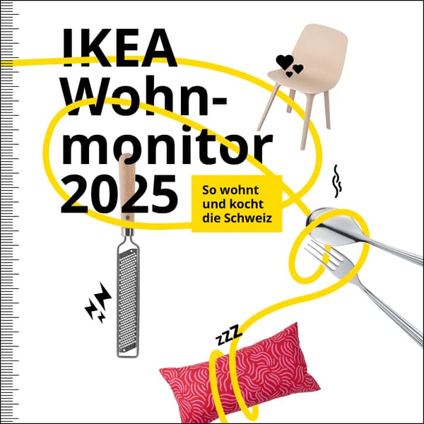Cover des IKEA Wohnmonitor 2025 mit einem farbenfrohen Design mit Haushaltsgegenständen und dem Text „So wohnt und kocht die Schweiz“.