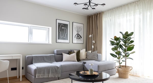 Cozy living room with grey sofa, wall art, and large windows with curtains.