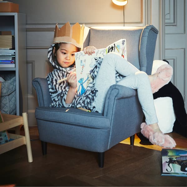 Create a cosy reading nook for the kids! Try our miniature children’s version of the stylish grey IKEA STRANDMON armchair!