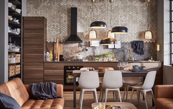 Create a sleek, modern kitchen with IKEA VOXTORP dark brown kitchen cabinet door fronts. The walnut effect in the wood grain makes each door unique.