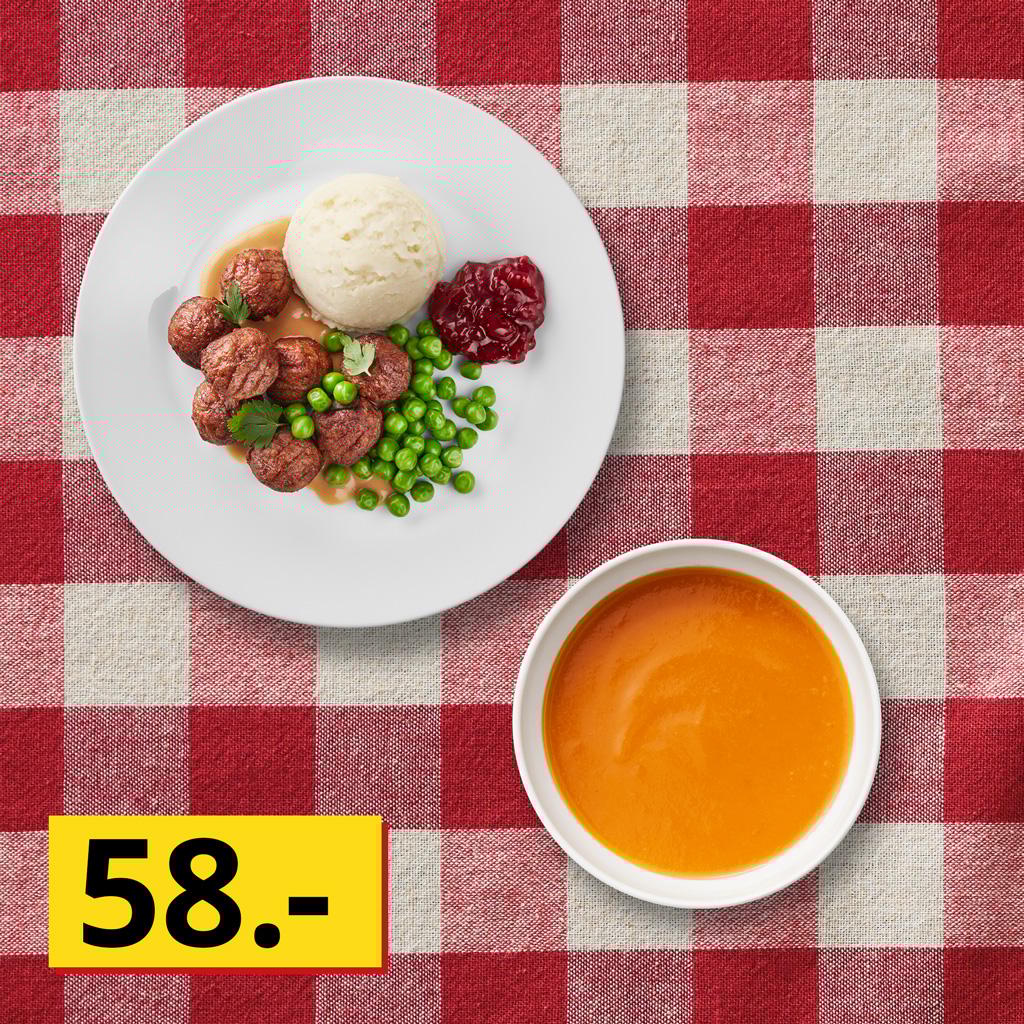 Cremet tomatsuppe og 8 stk. plantebaserede boller med kartoffelmos, ærter, flødesauce og tyttebærsyltetøj. 58.-