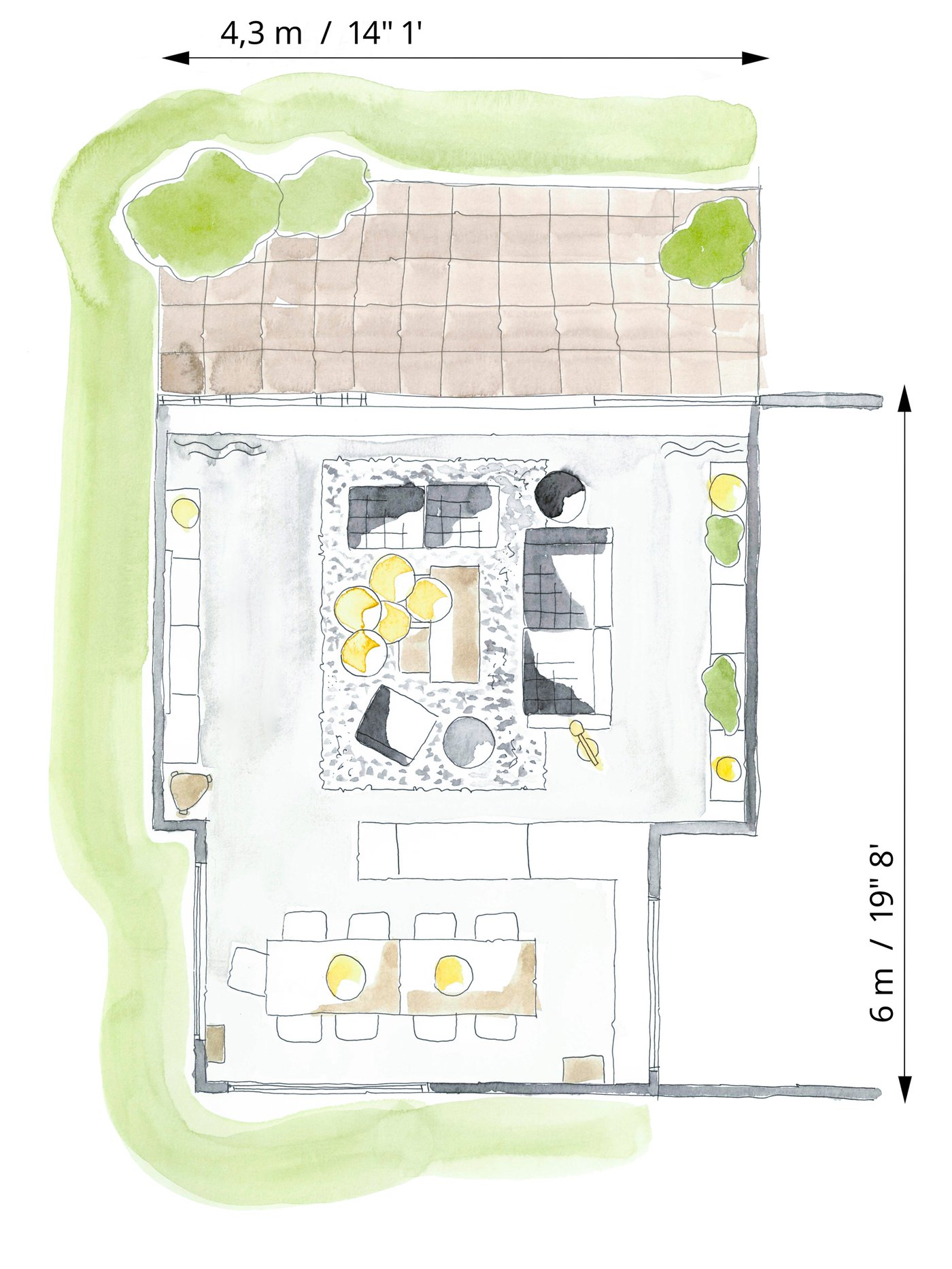 Croquis couleur d’un plan de salon aménagé pour un usage général et quotidien.