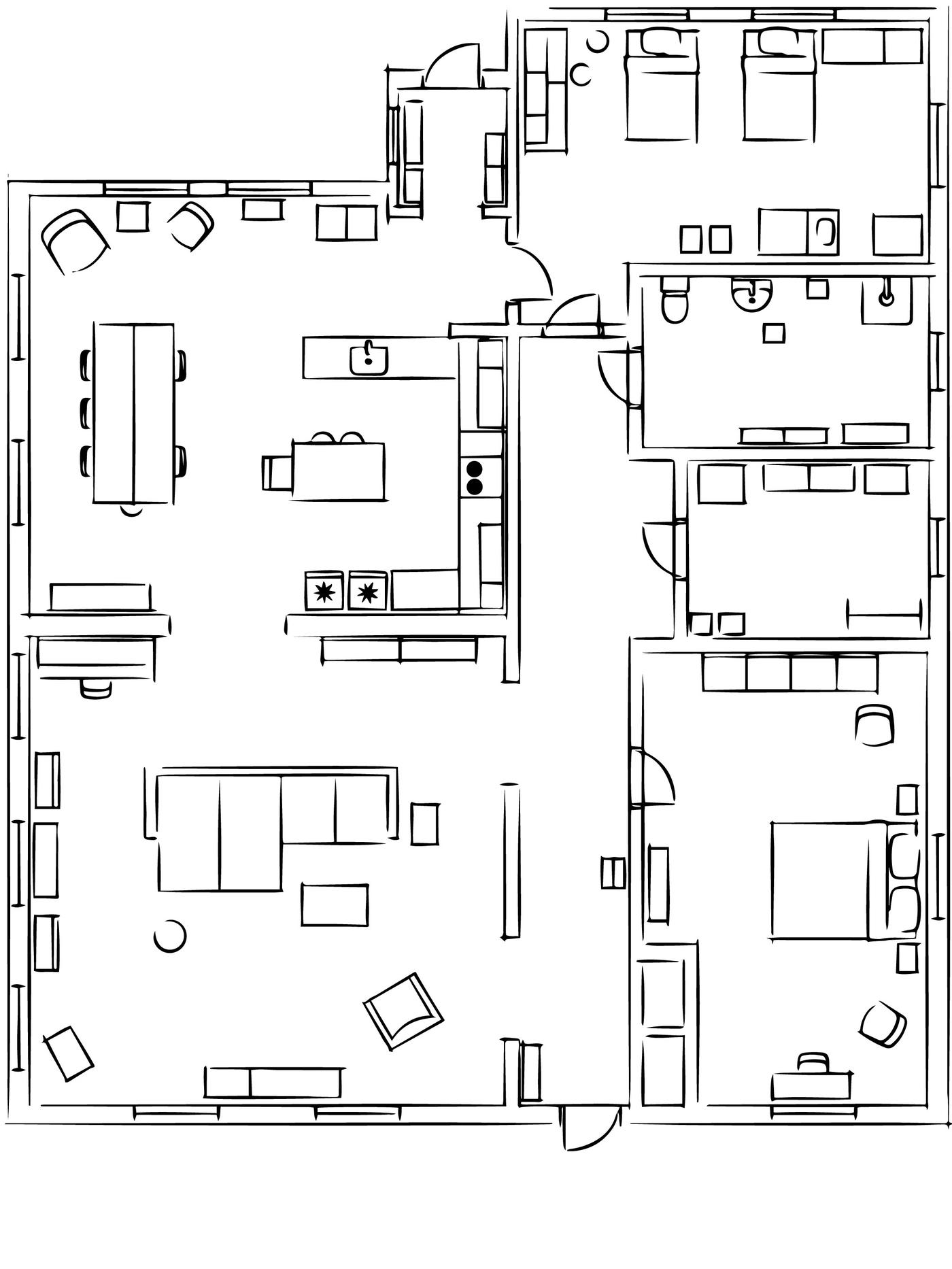 Croquis en blanco y negro de la distribución de una casa.
