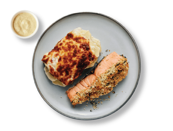 Crusted salmon with lemon dill sauce and potato gratin