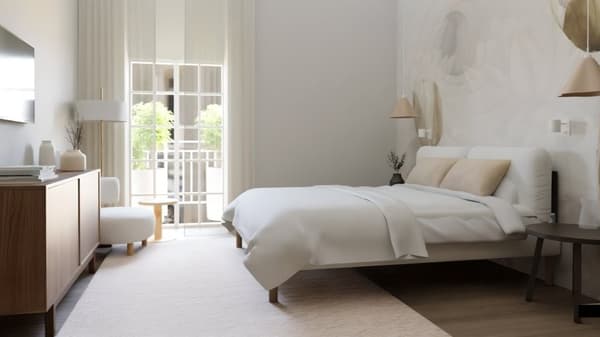 Cuarto de hotel que ofrece descanso e benestar absolutos. O deseño minimalista, unido a materiais cálidos e unha distribución equilibrada, transmite unha sensación de orde e tranquilidade. Cada detalle está pensado para favorecer a desconexión, o silencio e o coidado persoal. Un espazo onde descansar, respirar e deixarse levar por unha experiencia de serenidade e confort exclusivo.