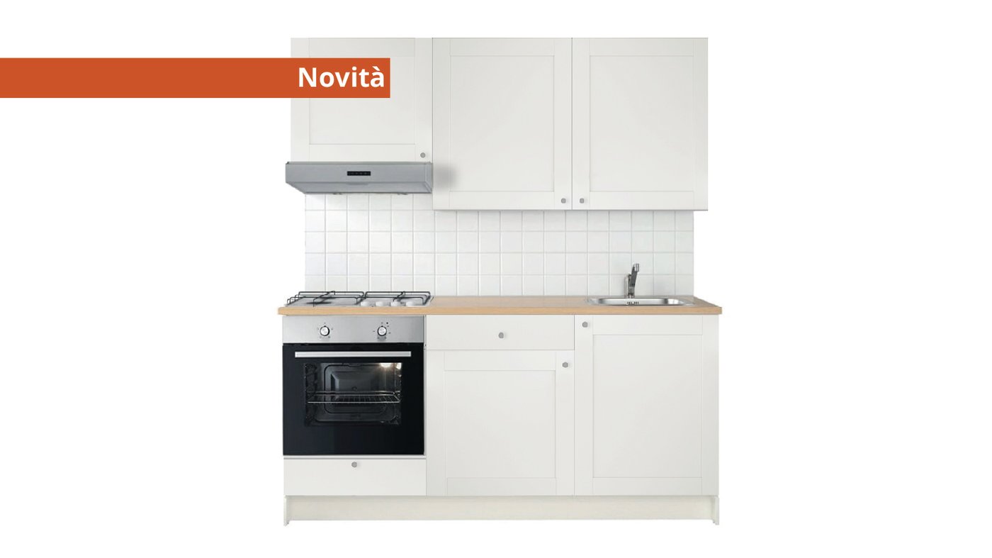 Cucina completa KNOXHULT bianca con cornice con elettrodomestici inox.