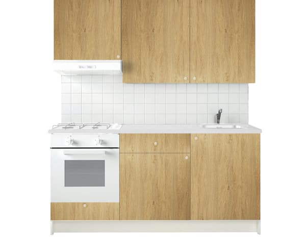 Cucina completa KNOXHULT effetto rovere con elettrodomestici bianchi.