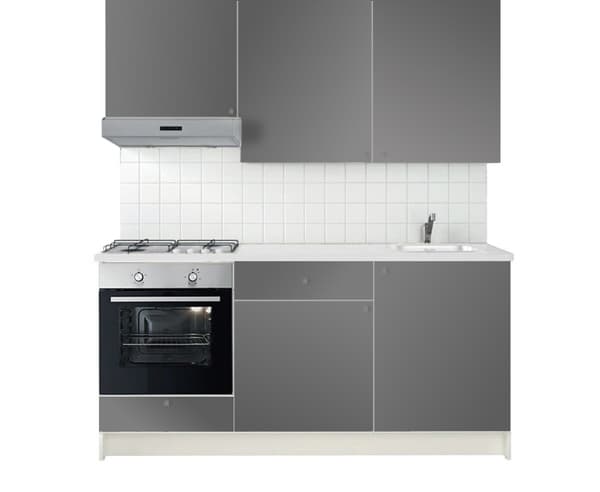 Cucina completa KNOXHULT grigia composta da mobile base con ante, cassetti, piano di lavoro e pensile con ante. 