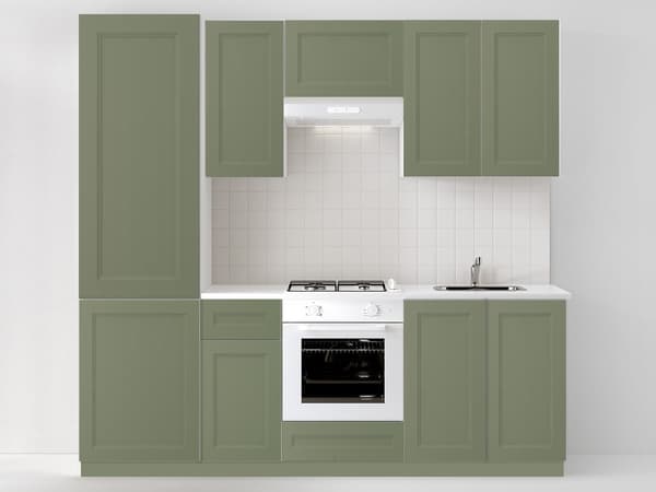 Cucina completa METOD ante AXSTAD grigio-verde​ con elettrodomestici e tavolo con sedie in legno.