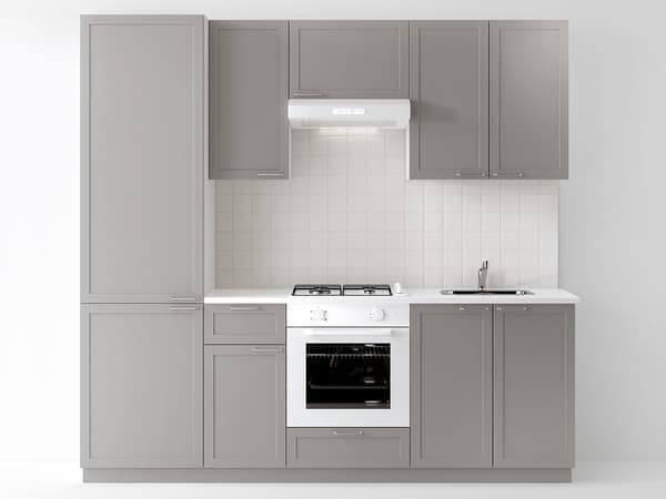 Cucina completa METOD ante LERHYTTAN grigio con elettrodomestici e isola centrale.