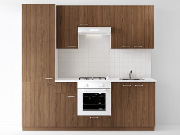 Cucina completa METOD ante TISTORP marrone effetto noce
con elettrodomestici e tavolo con sedie.