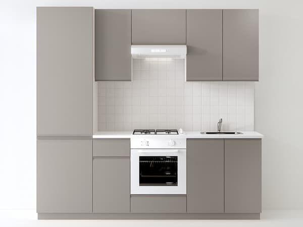 Cucina completa METOD ante UPPLÖV opaco beige scuro
 con elettrodomestici e isola centrale bianca.