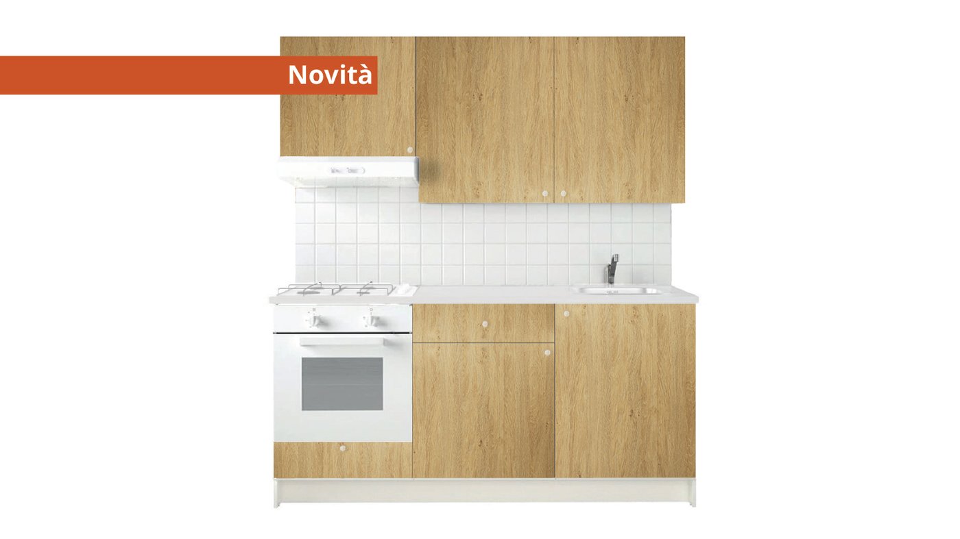 Cucina KNOXHULT effetto rovere con elettrodomestici bianchi.