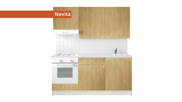 Cucina KNOXHULT effetto rovere con elettrodomestici bianchi.
