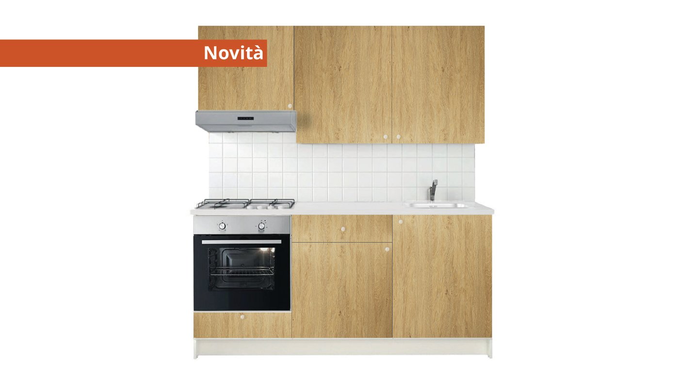 Cucina KNOXHULT effetto rovere con elettrodomestici inox.