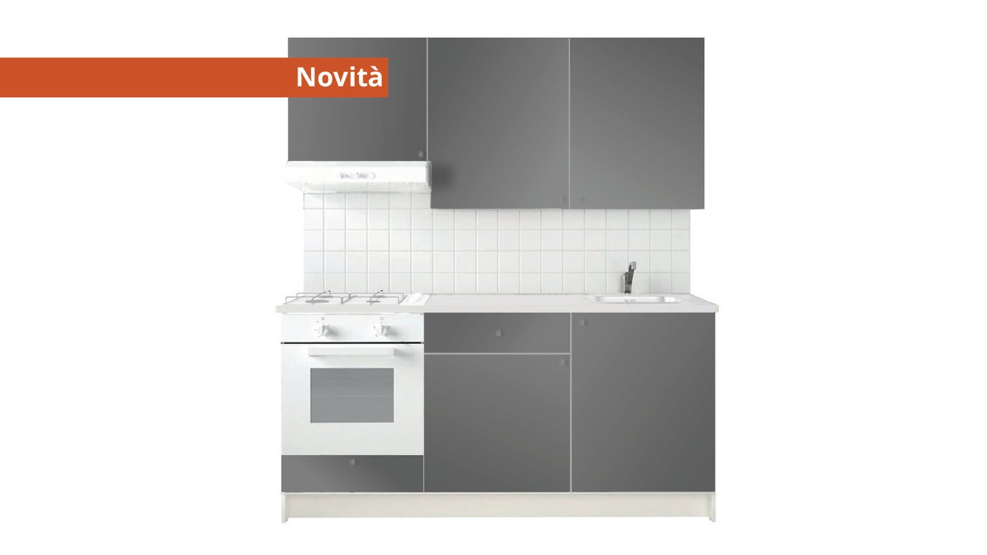 Cucina KNOXHULT grigia con elettrodomestici bianchi.