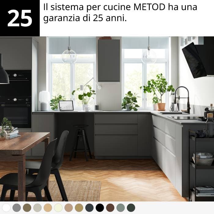 Cucina moderna con mobili grigi, tavolo in legno, sedie nere, piante e pavimento a spina di pesce.