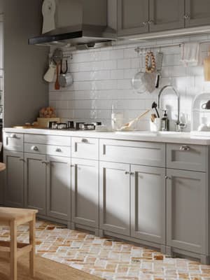 Cuisine traditionnelle grise avec sol en tomette 