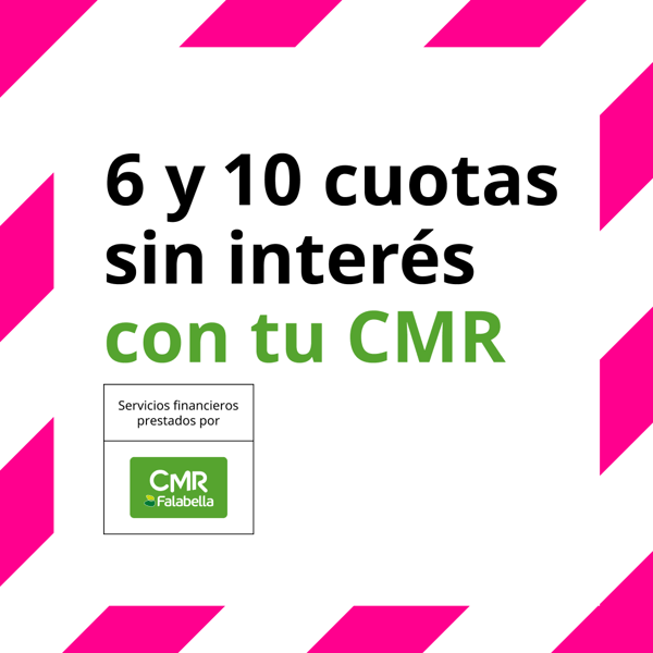 Cuotas sin interés con tu CMR con borde fucsia con blanco y logo de CMR verde.