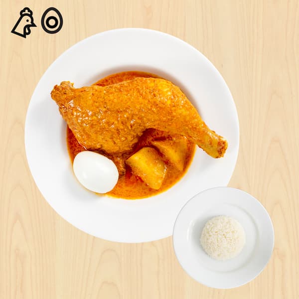 Curry chicken with rice set. Chicken and egg food symbols at top left corner. 