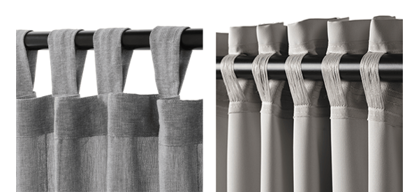 curtain with open and hidden tabs with grey color curtain