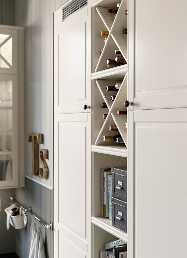 Customise your open storage shelves to fit your needs. These shelves come with a removable cross, so you can use the unit as a wine rack, or as a place to stash your favourite cookbooks.