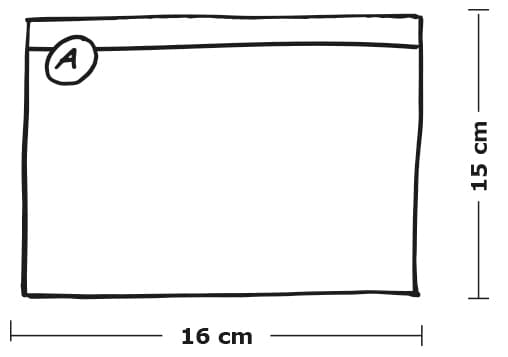 Cut out a rectangle (A), measuring 16 cm x 15 cm.