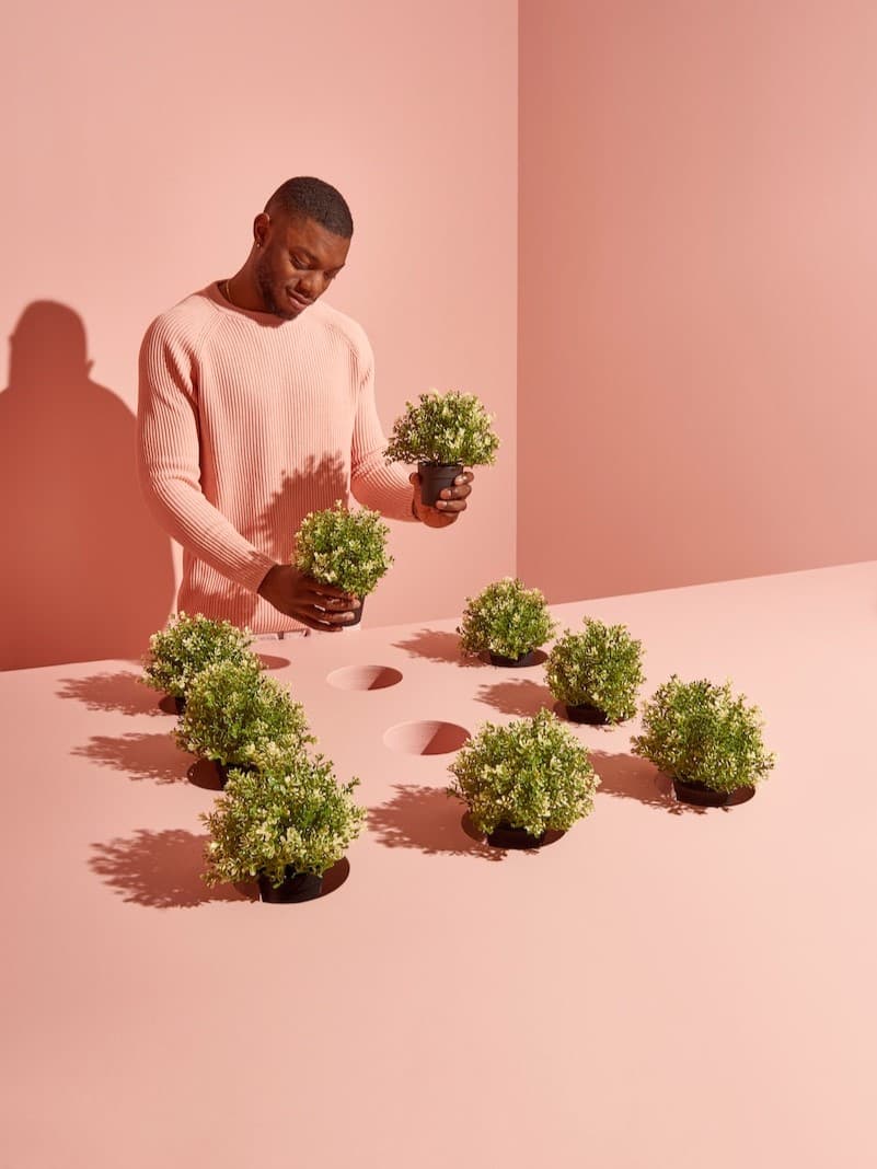 człowiek z roślinkami w doniczkach