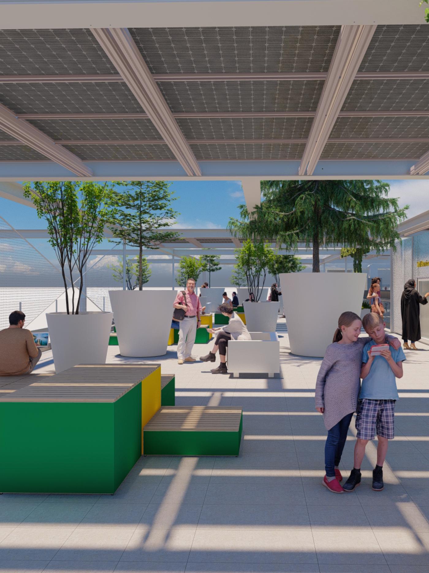 Dachterrasse mit begrünten Bereichen, großen Pflanzgefäßen und Sitzmöglichkeiten; Menschen entspannen unter einer teilüberdachten Struktur.