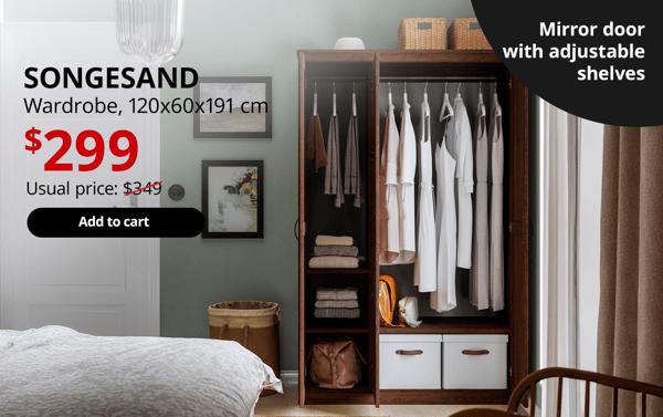 Dark brown SONGESAND wardrobe with open doors in the bedroom showing clothes neatly organised inside and on shelves with KUGGIS storage boxes. On the top left-hand corner, black text that reads 