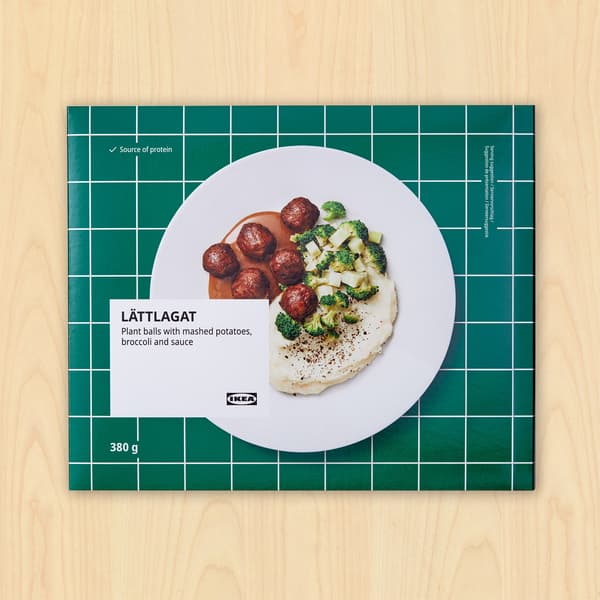 Dark green box showing picture of LATTLAGAT Plant balls with mashed potatoes